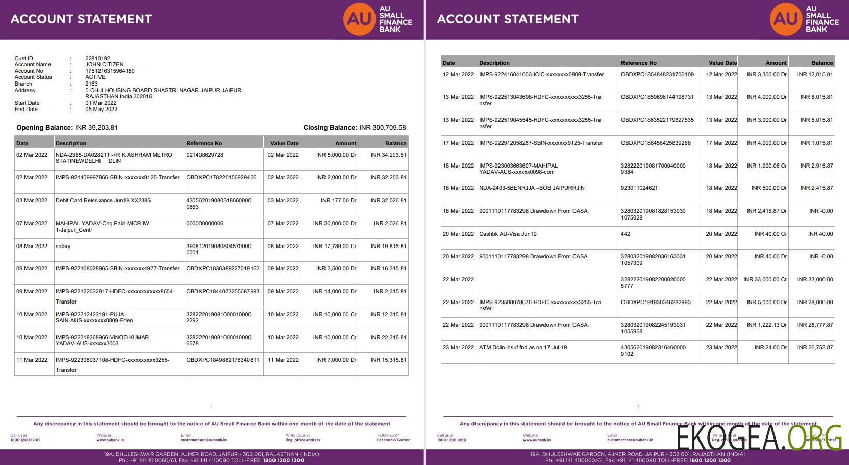 Relevé bancaire Inde AU Small Finance 5 pages
